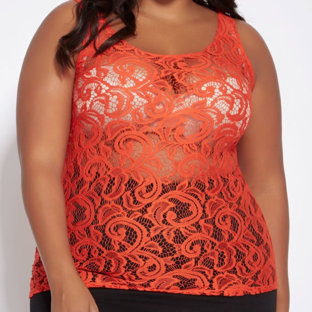 Sheer Stretch Scroll Lace Top | by Ashley Stewart Orange Bomb 🍊 1X (14/16) NWT